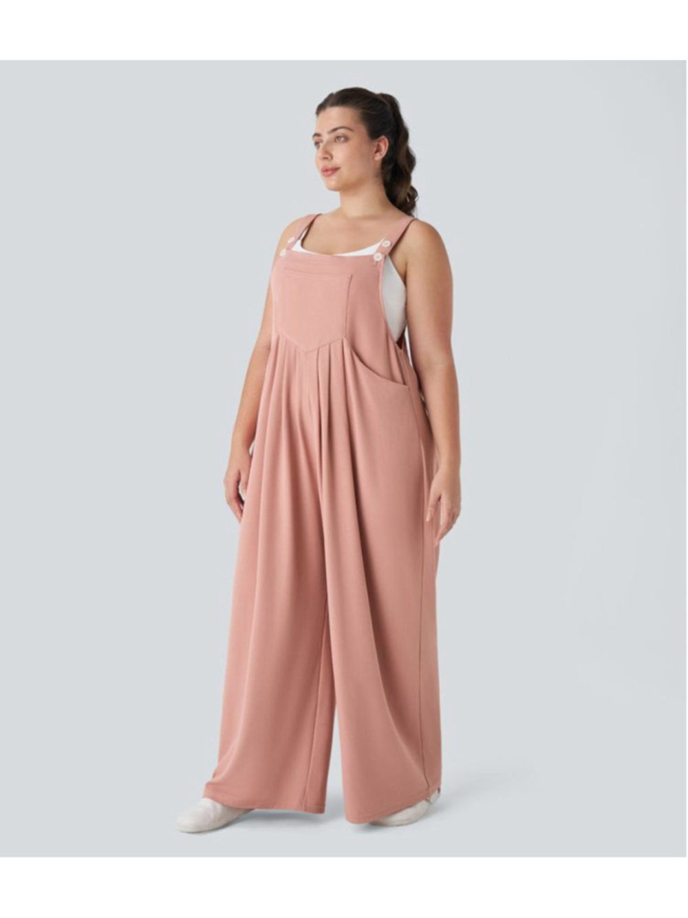 Halara Waffle Knit Overalls XL Rose Tan Wide Leg Jumpsuit Pockets Casual Boho - Picture 2 of 10